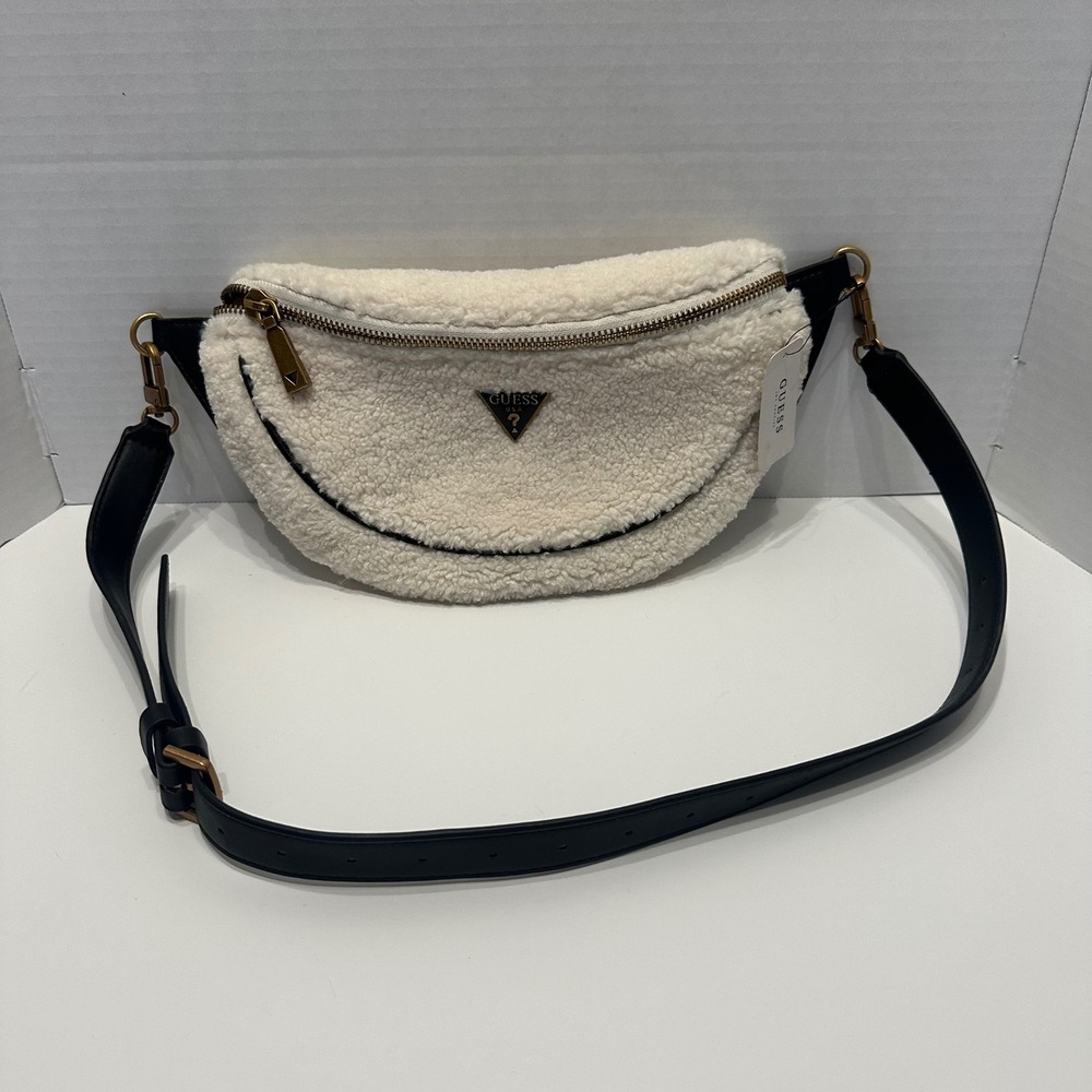 Guess Vikky Mini Faux Shearling Belt Bag Crossbody Natural Cream WT699580 NWT